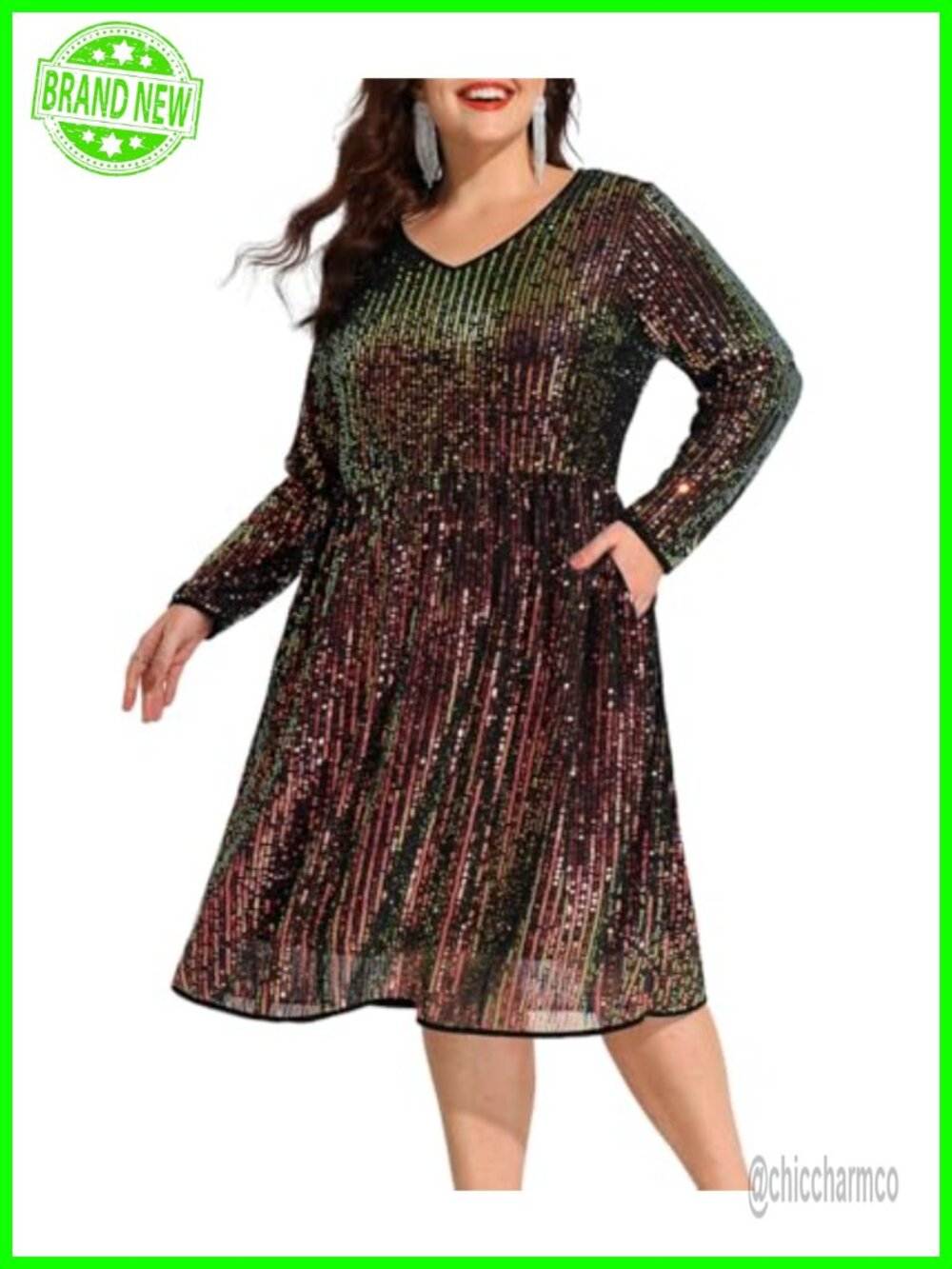 Plus Size Sequin Long Sleeve V Neck Party Dress